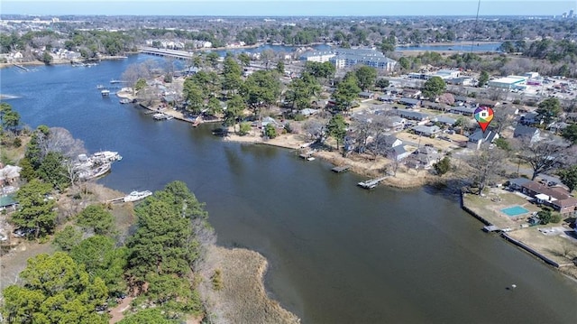 drone / aerial view with a water view