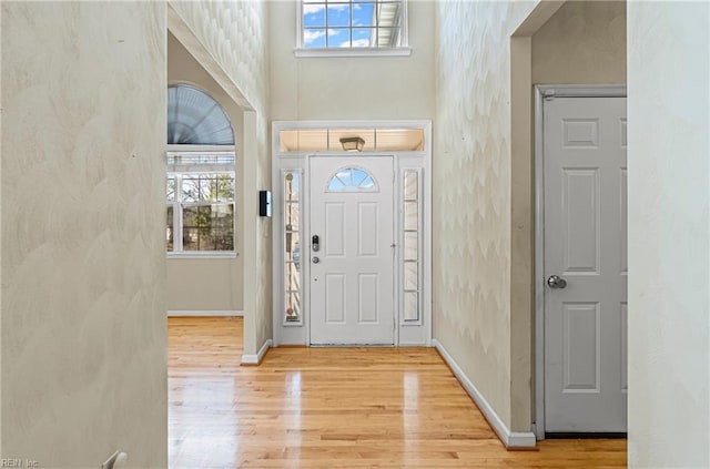 foyer featuring baseboards, plenty of natural light, and light wood finished floors