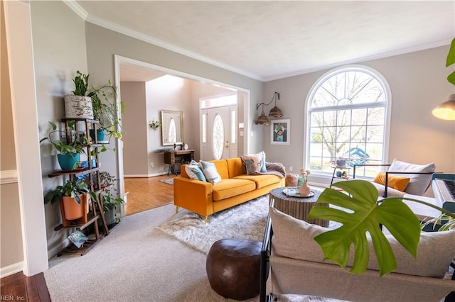 living room with wood finished floors, baseboards, and ornamental molding