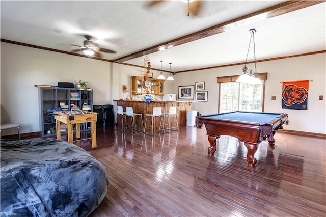 recreation room featuring ornamental molding, billiards, and hardwood / wood-style flooring