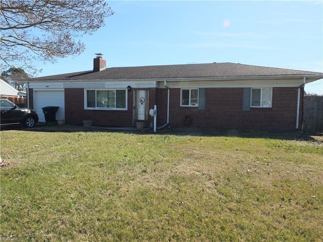 single story home featuring brick siding, fence, a front yard, a chimney, and a garage