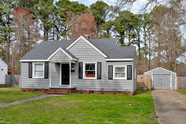 bungalow featuring fence, a chimney, a storage shed, crawl space, and an outbuilding