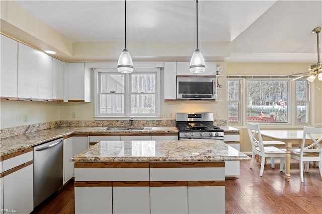 kitchen featuring a sink, dark wood-type flooring, appliances with stainless steel finishes, and white cabinets