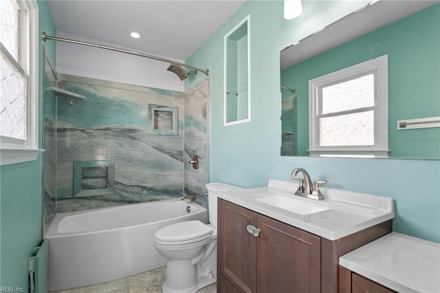 full bathroom featuring tub / shower combination, radiator, vanity, and toilet