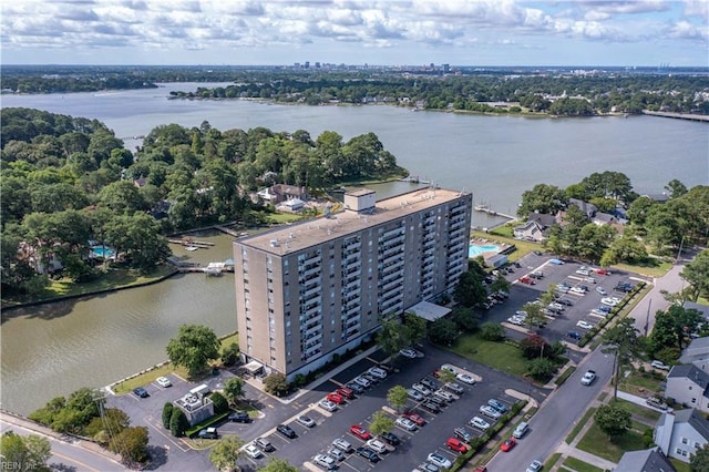 drone / aerial view with a water view