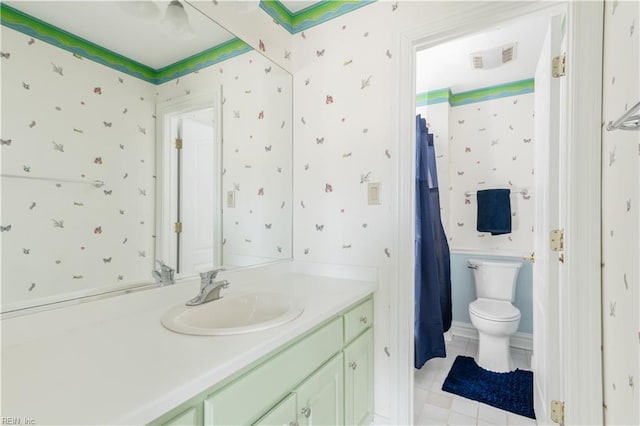 full bathroom featuring tile patterned floors, visible vents, toilet, wallpapered walls, and vanity