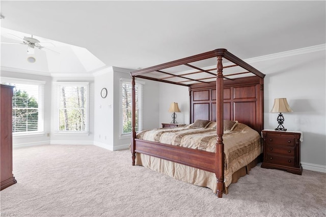 bedroom with baseboards, carpet, and crown molding