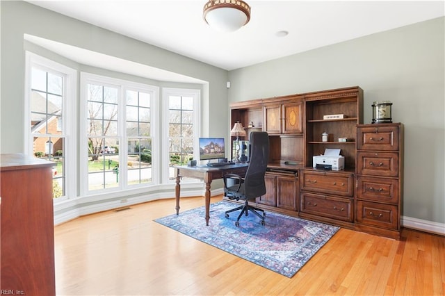 office space with light wood finished floors, visible vents, and baseboards