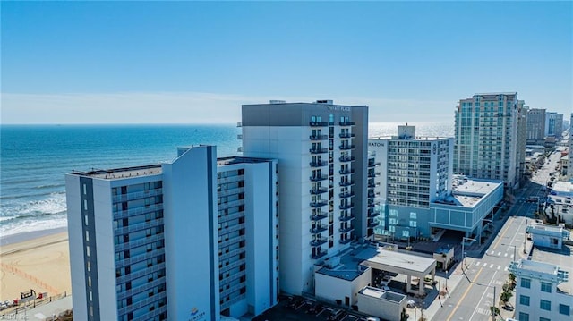 aerial view featuring a water view and a view of city