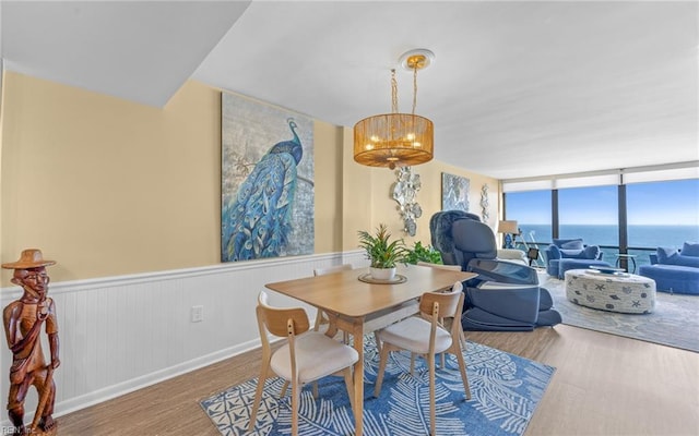 dining space with a water view, a notable chandelier, wood finished floors, floor to ceiling windows, and wainscoting