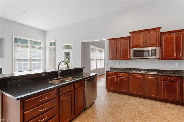 kitchen with a kitchen island with sink, stainless steel appliances, and a sink