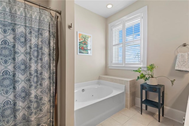 bathroom featuring tile patterned floors, curtained shower, and a bath