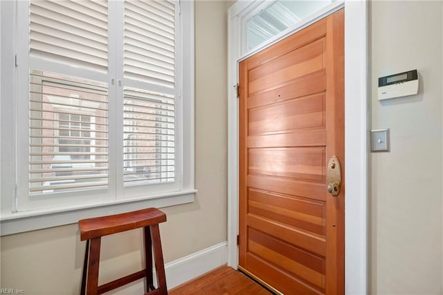 entryway featuring baseboards and wood finished floors