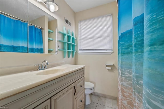 full bath featuring tile patterned flooring, visible vents, baseboards, toilet, and vanity