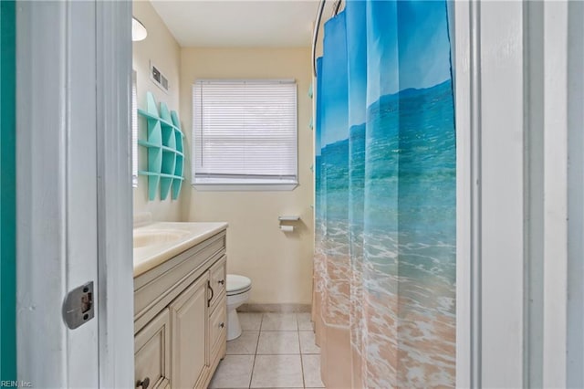 full bath featuring visible vents, baseboards, toilet, tile patterned floors, and vanity