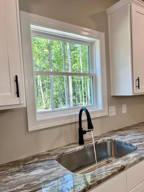 room details with white cabinets, stone counters, and a sink