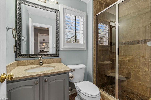 bathroom with a shower stall, toilet, and vanity