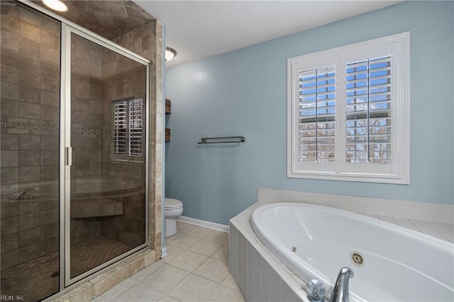 full bathroom featuring baseboards, a stall shower, a whirlpool tub, tile patterned flooring, and toilet