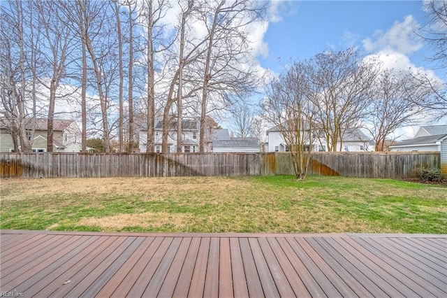 wooden terrace featuring a yard and fence