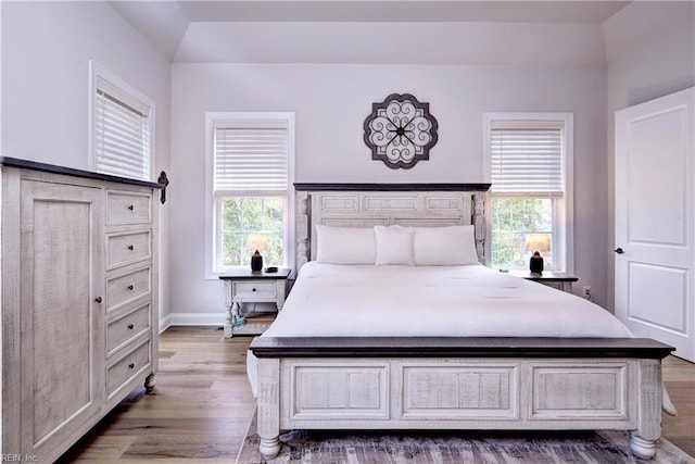 bedroom with multiple windows, wood finished floors, and baseboards