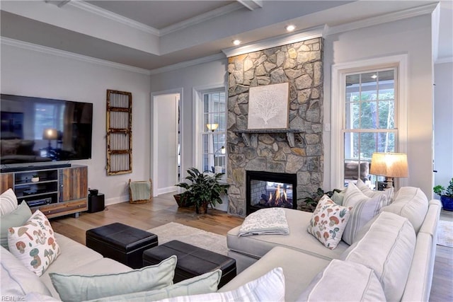 living room with baseboards, wood finished floors, a fireplace, and crown molding