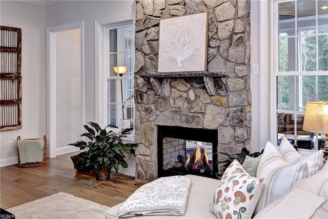 living area with baseboards, a stone fireplace, and wood finished floors