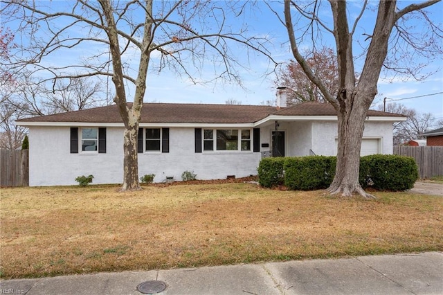 single story home featuring a front yard, fence, stucco siding, a chimney, and a garage