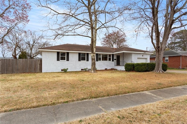 single story home with an attached garage, a front lawn, and fence