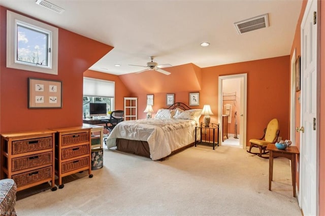 bedroom with recessed lighting, visible vents, lofted ceiling, and carpet flooring