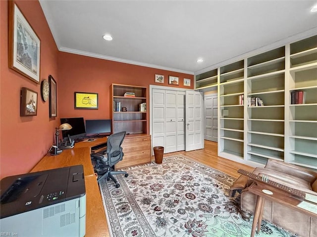 home office featuring recessed lighting, crown molding, and wood finished floors