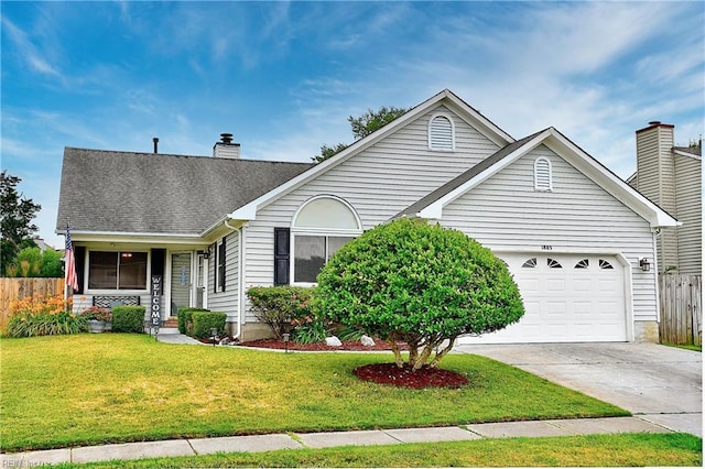 ranch-style house featuring a front lawn, fence, concrete driveway, a chimney, and a garage