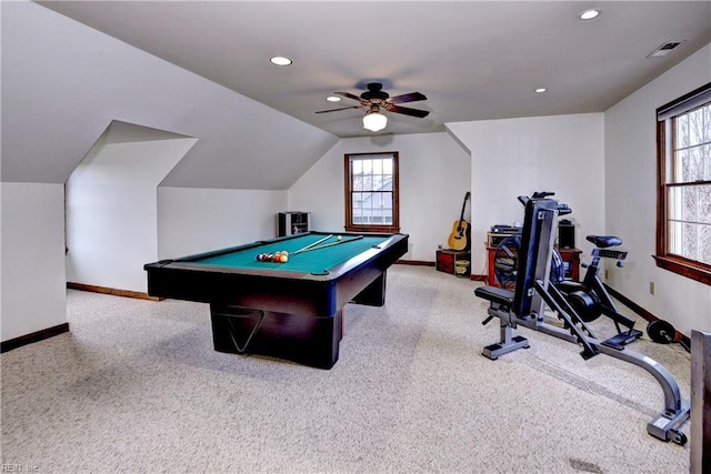 game room with baseboards, carpet floors, ceiling fan, and billiards