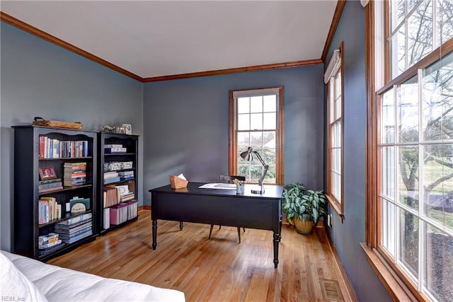 office space with visible vents, wood finished floors, and ornamental molding