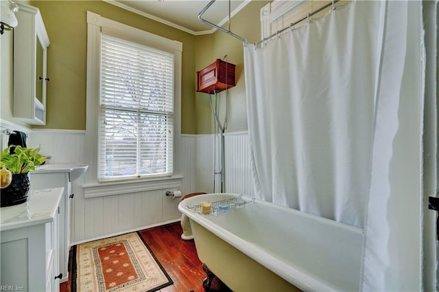 bathroom with vanity, a freestanding tub, wood finished floors, and wainscoting