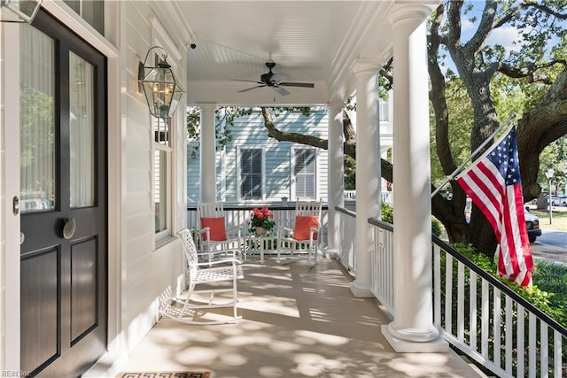 view of patio featuring covered porch and ceiling fan