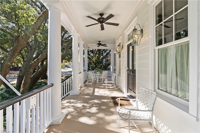 view of patio featuring covered porch and a ceiling fan