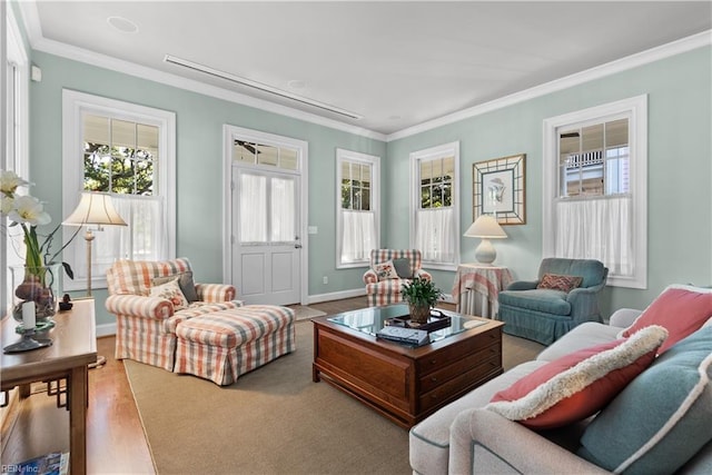 living area featuring crown molding, baseboards, and wood finished floors