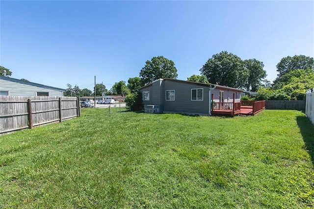 view of yard featuring a deck, central air condition unit, and a fenced backyard