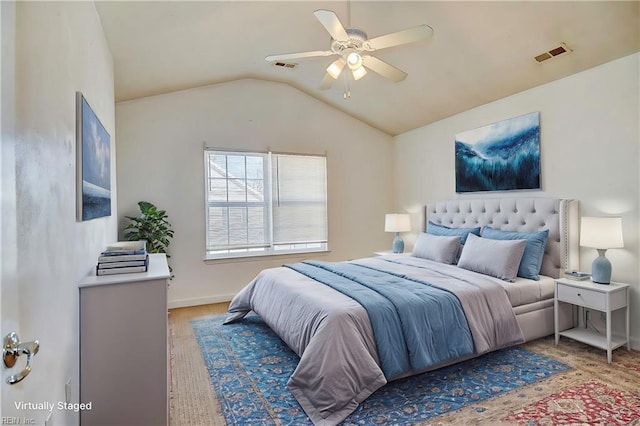 bedroom with visible vents, wood finished floors, a ceiling fan, and vaulted ceiling