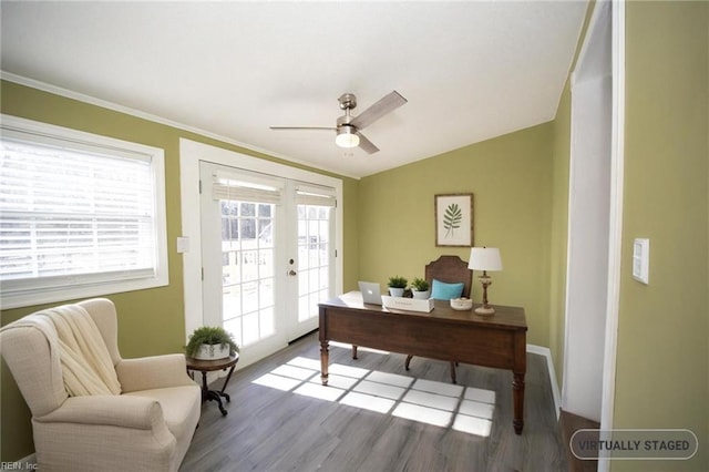 office space with a ceiling fan, wood finished floors, french doors, crown molding, and vaulted ceiling