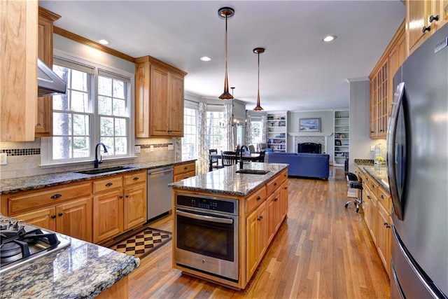 kitchen with a brick fireplace, open floor plan, light wood-type flooring, stainless steel appliances, and a sink