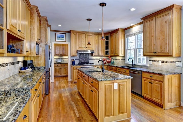 kitchen featuring a kitchen island with sink, a sink, under cabinet range hood, stainless steel appliances, and light wood-style floors