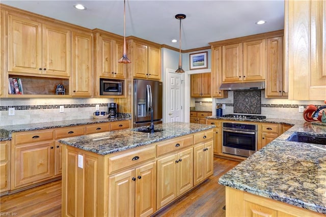 kitchen featuring light wood-style flooring, a kitchen island with sink, a sink, under cabinet range hood, and appliances with stainless steel finishes