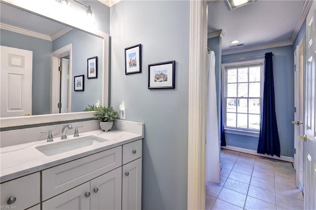 full bath with visible vents, vanity, crown molding, and tile patterned flooring