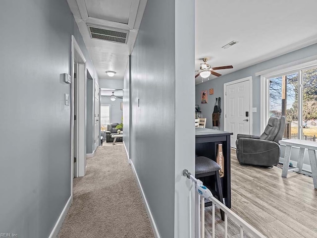 hall featuring wood finished floors, baseboards, visible vents, and carpet floors