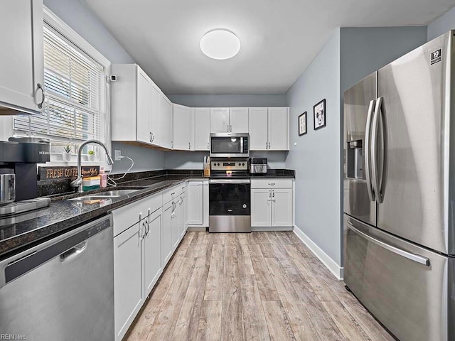 kitchen featuring a sink, light wood-style flooring, white cabinetry, and stainless steel appliances