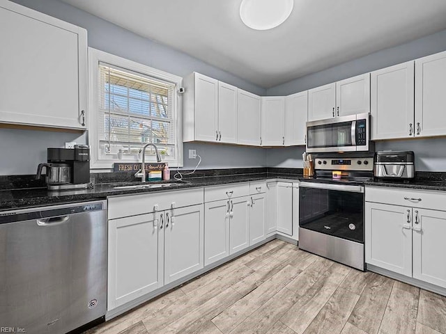 kitchen with a sink, white cabinetry, appliances with stainless steel finishes, and light wood finished floors