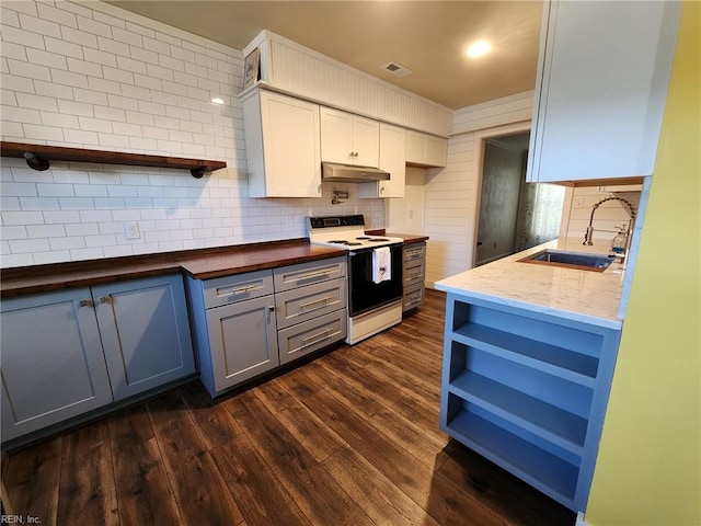 kitchen with open shelves, dark wood-style flooring, a sink, range with electric cooktop, and under cabinet range hood