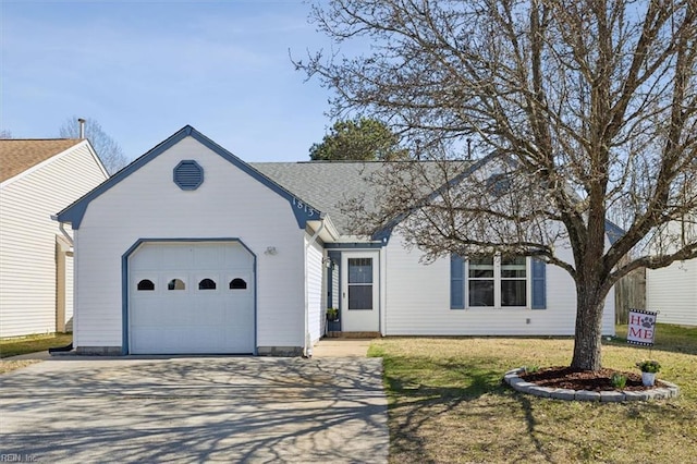 ranch-style house featuring concrete driveway, an attached garage, and a front lawn