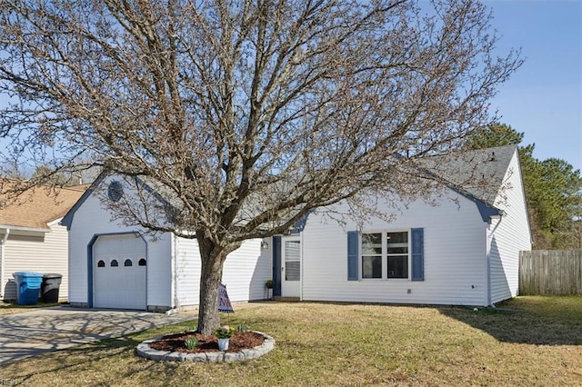 ranch-style house featuring a garage, concrete driveway, a front yard, and fence